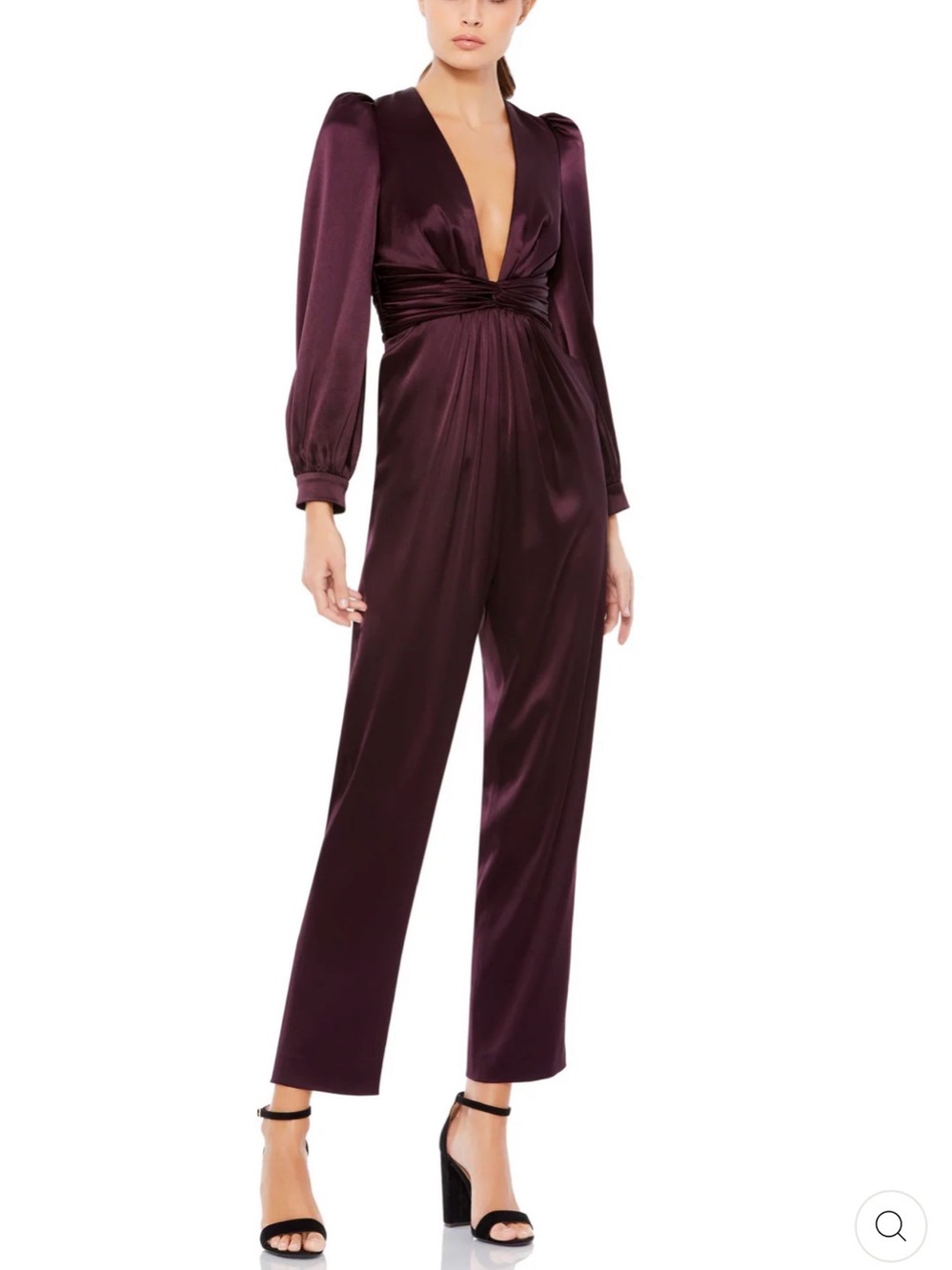 NWOT Mac Duggal Plunging Satin Jumpsuit in Plum